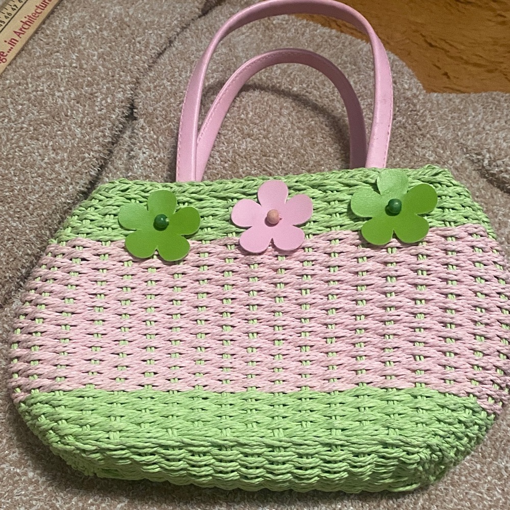 Pink & Green Floral Straw Tote Bag